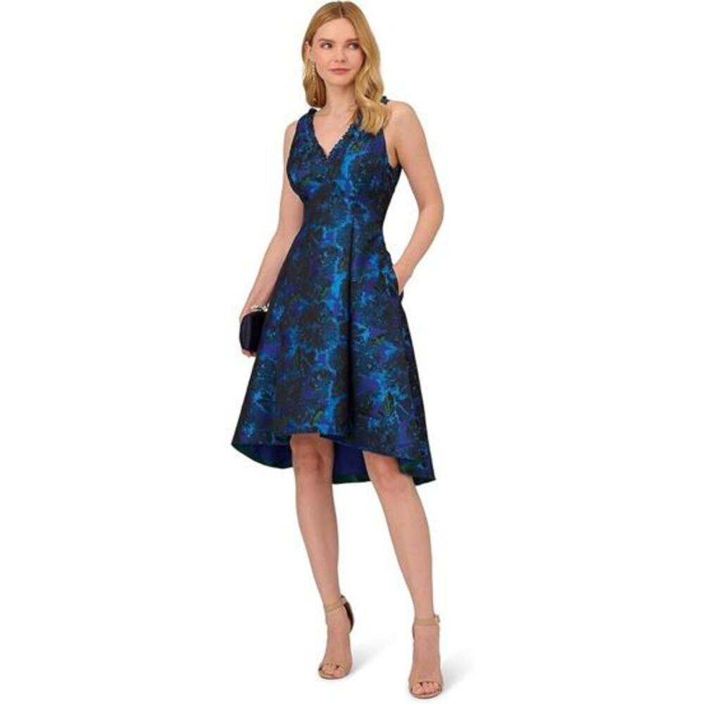 Adrianna Papell Blue Floral Ruffle Sleeveless Jacquard Dress sz 8 Day-Dinner